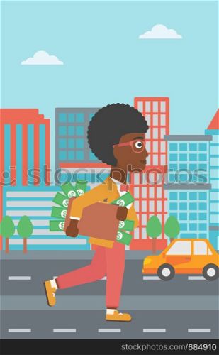 An african-american young business woman walking in the city with suitcase full of money. Vector flat design illustration. Vertical layout.. Woman with suitcase full of money.