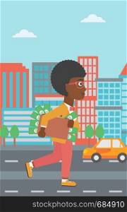 An african-american young business woman walking in the city with suitcase full of money. Vector flat design illustration. Vertical layout.. Woman with suitcase full of money.