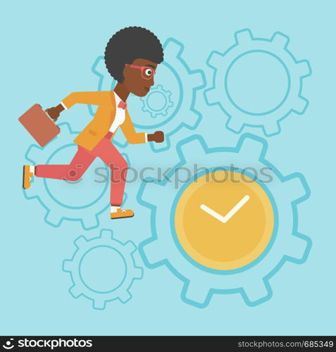 An african-american young business woman with briefcase running on a blue background with clock and cogwheels. Vector flat design illustration. Square layout.. Business woman running vector illustration.