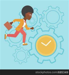 An african-american young business woman with briefcase running on a blue background with clock and cogwheels. Vector flat design illustration. Square layout.. Business woman running vector illustration.
