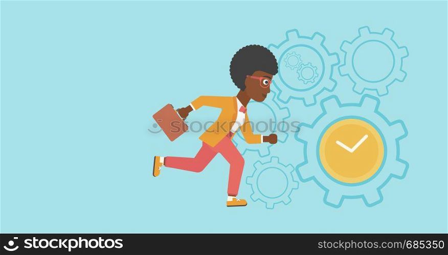 An african-american young business woman with briefcase running on a blue background with clock and cogwheels. Vector flat design illustration. Horizontal layout.. Business woman running vector illustration.