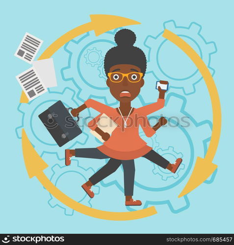 An african-american young business woman with many legs and hands holding papers, briefcase, smartphone. Multitasking and productivity concept. Vector flat design illustration. Square layout.. Business woman coping with multitasking.