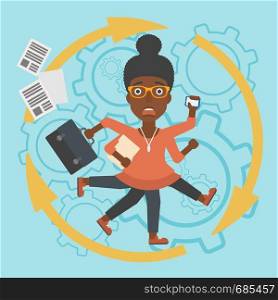 An african-american young business woman with many legs and hands holding papers, briefcase, smartphone. Multitasking and productivity concept. Vector flat design illustration. Square layout.. Business woman coping with multitasking.