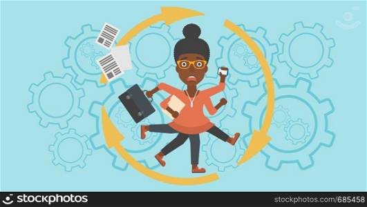 An african-american young business woman with many legs and hands holding papers, briefcase, smartphone. Multitasking and productivity concept. Vector flat design illustration. Horizontal layout.. Business woman coping with multitasking.