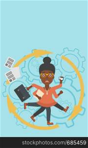 An african-american young business woman with many legs and hands holding papers, briefcase, smartphone. Multitasking and productivity concept. Vector flat design illustration. Vertical layout.. Business woman coping with multitasking.