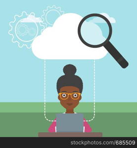 An african-american young business woman working on a laptop and cloud, magnifier and gears above her. Cloud computing concept. Vector flat design illustration. Square layout.. Cloud computing technology vector illustration.