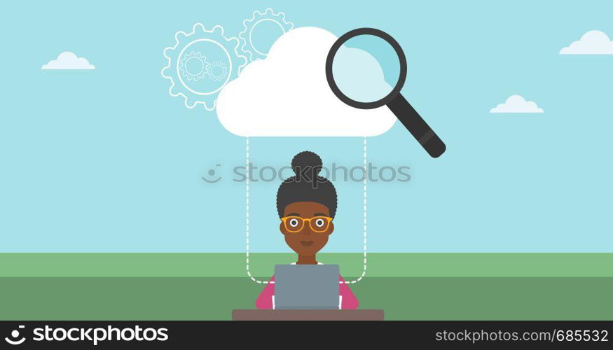 An african-american young business woman working on a laptop and cloud, magnifier and gears above her. Cloud computing concept. Vector flat design illustration. Horizontal layout.. Cloud computing technology vector illustration.