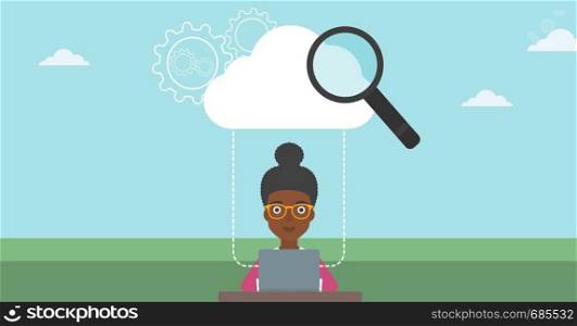 An african-american young business woman working on a laptop and cloud, magnifier and gears above her. Cloud computing concept. Vector flat design illustration. Horizontal layout.. Cloud computing technology vector illustration.