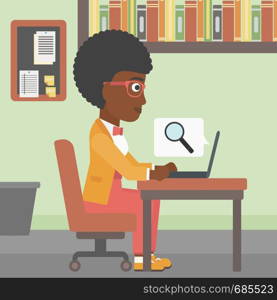 An african-american young business woman working on her laptop in office and a magnifying glass coming out from screen. Concept of search. Vector flat design illustration. Square layout.. Business woman working on her laptop.