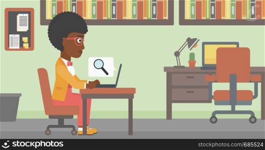 An african-american young business woman working on her laptop in office and a magnifying glass coming out from screen. Concept of search. Vector flat design illustration. Horizontal layout.. Business woman working on her laptop.