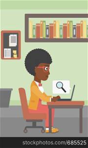 An african-american young business woman working on her laptop in office and a magnifying glass coming out from screen. Concept of search. Vector flat design illustration. Vertical layout.. Business woman working on her laptop.