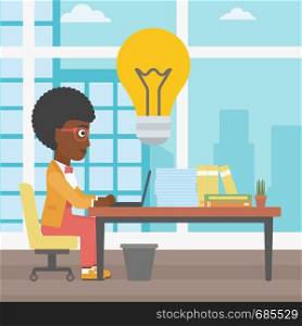 An african-american young business woman working on her laptop in office and a big idea bulb above the table. Successful business idea concept. Vector flat design illustration. Square layout.. Successful business idea vector illustration.