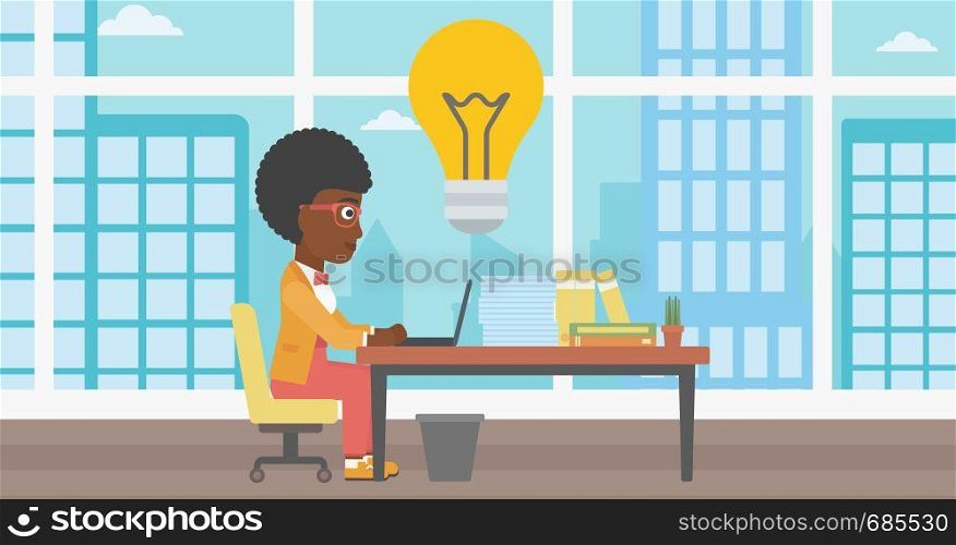 An african-american young business woman working on her laptop in office and a big idea bulb above the table. Successful business idea concept. Vector flat design illustration. Horizontal layout.. Successful business idea vector illustration.