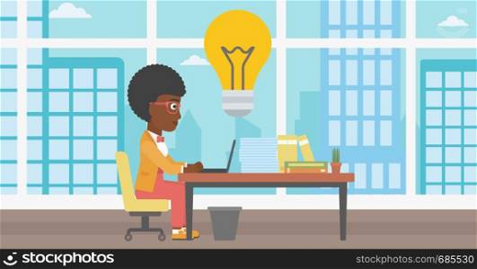 An african-american young business woman working on her laptop in office and a big idea bulb above the table. Successful business idea concept. Vector flat design illustration. Horizontal layout.. Successful business idea vector illustration.