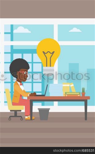 An african-american young business woman working on her laptop in office and a big idea bulb above the table. Successful business idea concept. Vector flat design illustration. Vertical layout.. Successful business idea vector illustration.