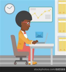 An african-american young business woman working on her laptop in office and receiving or sending email. Business technology, email concept. Vector flat design illustration. Square layout.. Business woman receiving or sending email.