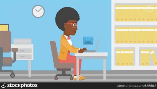 An african-american young business woman working on her laptop in office and receiving or sending email. Business technology, email concept. Vector flat design illustration. Horizontal layout.. Business woman receiving or sending email.