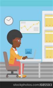 An african-american young business woman working on her laptop in office and receiving or sending email. Business technology, email concept. Vector flat design illustration. Vertical layout.. Business woman receiving or sending email.