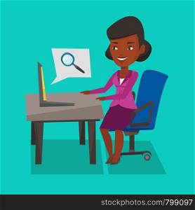 An african-american young business woman working on her laptop in office and searching information on internet. Internet search and job search concept. Vector flat design illustration. Square layout.. Business woman working on her laptop.