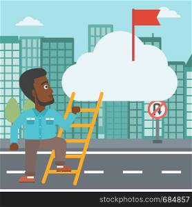 An african-american young businessman climbing up the ladder to get the red flag on the top of the cloud. Vector flat design illustration. Square layout.. Cheerful leader business man vector illustration.