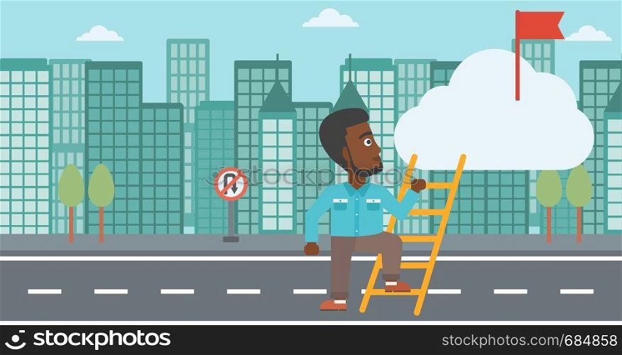An african-american young businessman climbing up the ladder to get the red flag on the top of the cloud. Vector flat design illustration. Horizontal layout.. Cheerful leader business man vector illustration.
