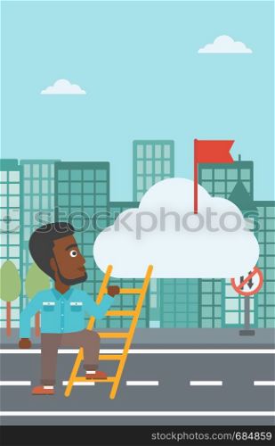 An african-american young businessman climbing up the ladder to get the red flag on the top of the cloud. Vector flat design illustration. Vertical layout.. Cheerful leader business man vector illustration.