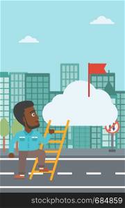 An african-american young businessman climbing up the ladder to get the red flag on the top of the cloud. Vector flat design illustration. Vertical layout.. Cheerful leader business man vector illustration.