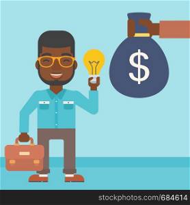 An african-american young businessman exchanging his idea bulb to money bag. Successful business idea concept. Vector flat design illustration. Square layout.. Successful business idea.
