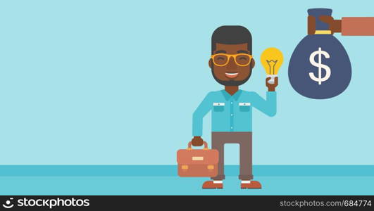 An african-american young businessman exchanging his idea bulb to money bag. Successful business idea concept. Vector flat design illustration. Horizontal layout.. Successful business idea.