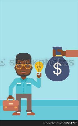An african-american young businessman exchanging his idea bulb to money bag. Successful business idea concept. Vector flat design illustration. Vertical layout.. Successful business idea.