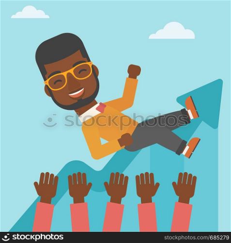 An african-american young businessman get thrown into the air by coworkers during celebration. Successful business concept. Vector flat design illustration. Square layout.. Successful businessman during celebration.