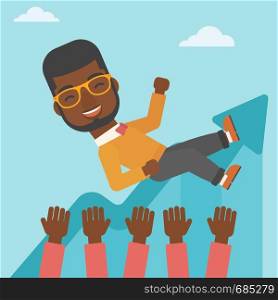 An african-american young businessman get thrown into the air by coworkers during celebration. Successful business concept. Vector flat design illustration. Square layout.. Successful businessman during celebration.