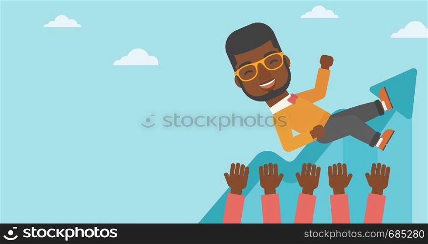 An african-american young businessman get thrown into the air by coworkers during celebration. Successful business concept. Vector flat design illustration. Horizontal layout.. Successful businessman during celebration.