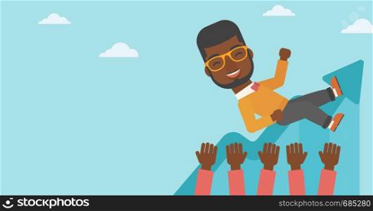 An african-american young businessman get thrown into the air by coworkers during celebration. Successful business concept. Vector flat design illustration. Horizontal layout.. Successful businessman during celebration.