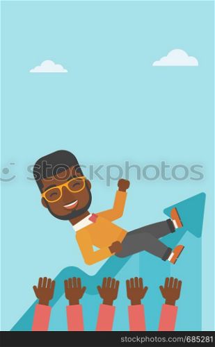 An african-american young businessman get thrown into the air by coworkers during celebration. Successful business concept. Vector flat design illustration. Vertical layout.. Successful businessman during celebration.