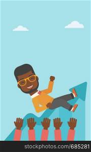 An african-american young businessman get thrown into the air by coworkers during celebration. Successful business concept. Vector flat design illustration. Vertical layout.. Successful businessman during celebration.