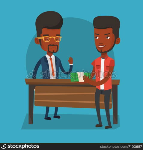 An african-american young businessman giving a bribe. Uncorrupted businessman refusing to take a bribe. Bribery and corruption concept. Vector flat design illustration. Square layout.. Uncorrupted man refusing to take bribe.