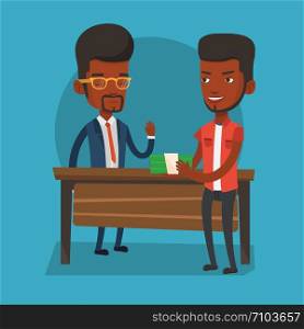 An african-american young businessman giving a bribe. Uncorrupted businessman refusing to take a bribe. Bribery and corruption concept. Vector flat design illustration. Square layout.. Uncorrupted man refusing to take bribe.