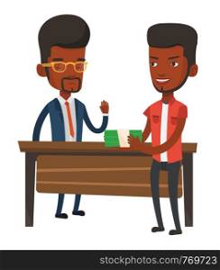 An african-american young businessman giving a bribe. Uncorrupted businessman refusing to take a bribe. Bribery and corruption concept. Vector flat design illustration isolated on white background.. Uncorrupted man refusing to take bribe.