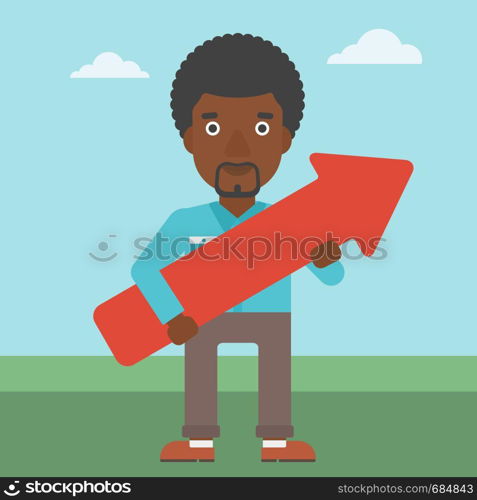 An african-american young businessman holding a big arrow in hands. Successful business concept. Vector flat design illustration. Square layout.. Businessman with arrow up vector illustration.