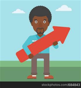 An african-american young businessman holding a big arrow in hands. Successful business concept. Vector flat design illustration. Square layout.. Businessman with arrow up vector illustration.