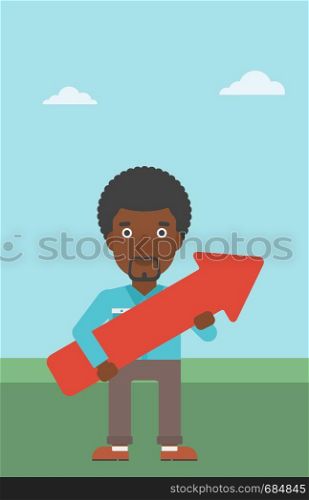 An african-american young businessman holding a big arrow in hands. Successful business concept. Vector flat design illustration. Vertical layout.. Businessman with arrow up vector illustration.