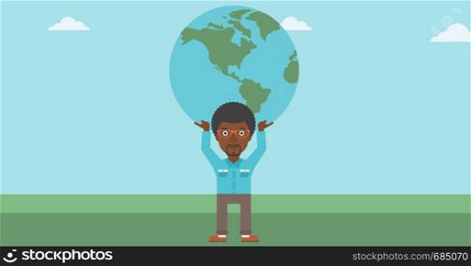 An african-american young businessman holding a big Earth globe over his head. Concept of global business. Vector flat design illustration. Horizontal layout.. Businessman holding Earth globe.