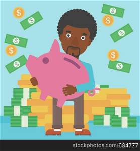 An african-american young businessman holding a big piggy bank in hands under money rain on the background of stacks of gold coins. Vector flat design illustration. Square layout.. Businessman with piggy bank vector illustration.