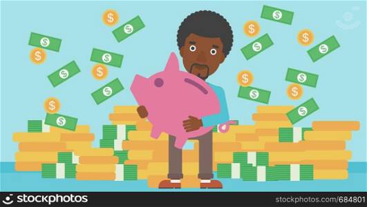 An african-american young businessman holding a big piggy bank in hands under money rain on the background of stacks of gold coins. Vector flat design illustration. Horizontal layout.. Businessman with piggy bank vector illustration.