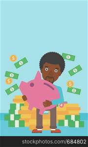 An african-american young businessman holding a big piggy bank in hands under money rain on the background of stacks of gold coins. Vector flat design illustration. Vertical layout.. Businessman with piggy bank vector illustration.