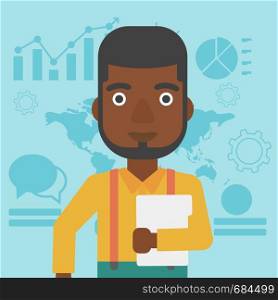 An african-american young businessman holding a file in hand while standing with growing chart and a map on a background. Vector flat design illustration. Square layout.. Happy successful businessman vector illustration.