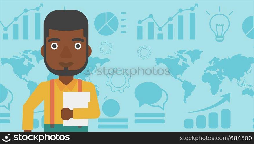 An african-american young businessman holding a file in hand while standing with growing chart and a map on a background. Vector flat design illustration. Horizontal layout.. Happy successful businessman vector illustration.