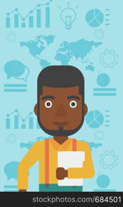 An african-american young businessman holding a file in hand while standing with growing chart and a map on a background. Vector flat design illustration. Vertical layout.. Happy successful businessman vector illustration.