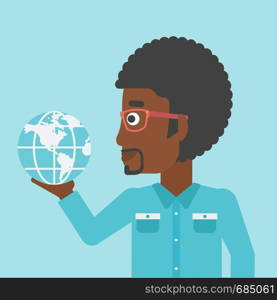 An african-american young businessman holding Earth globe in hand. Concept of global business. Vector flat design illustration. Square layout.. Businessman holding Earth globe.